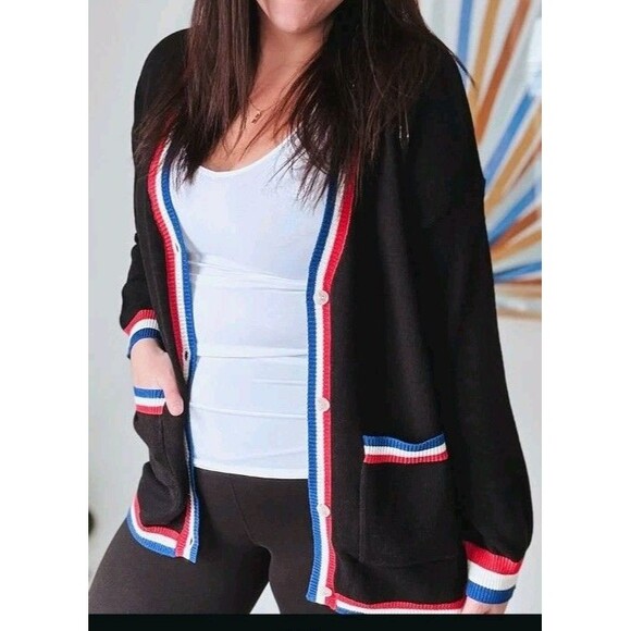 Zesica Sweater Size M Gold Buttons Dark Blue Red White Blue Stripes - Picture 1 of 8